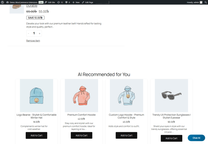 AI cart recommendation suggestions in WooCommerce.