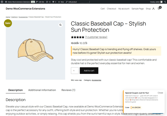 AI exit-intent coupon message on a WooCommerce product page.