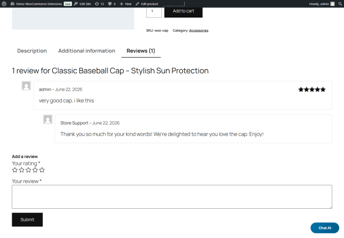 AI review reply assistance for WooCommerce product reviews.