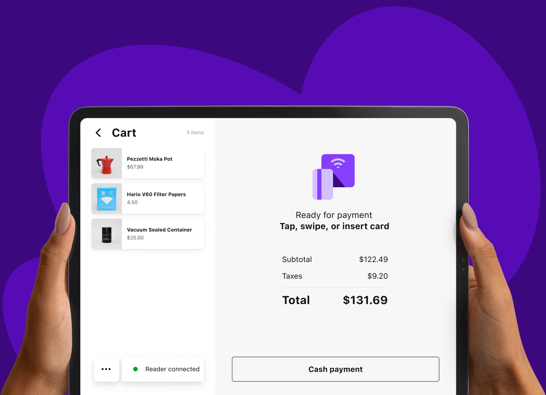 A tablet running WooCommerce POS, showing a cart full of coffee-related products ready to check out