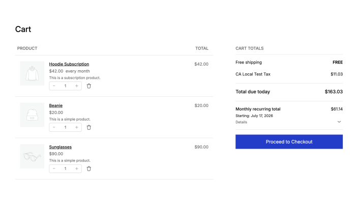 Cart page showing a mixed checkout with a subscription product and standard products.