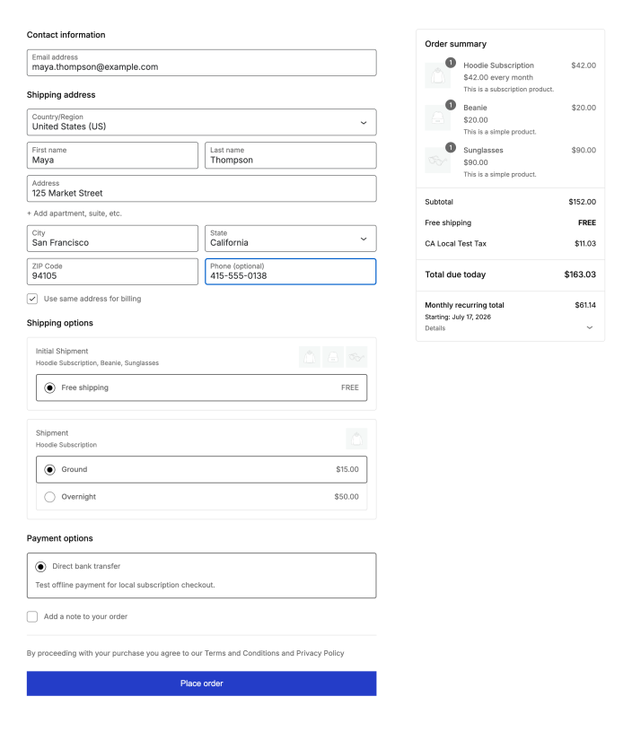 Checkout page showing a mixed checkout with a subscription product and standard products.