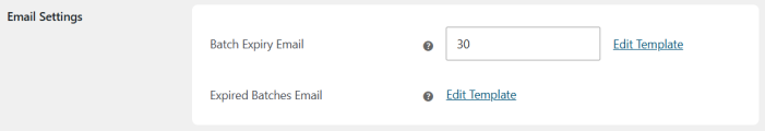 Email settings section present in settings tab for batch inventory notifications.
