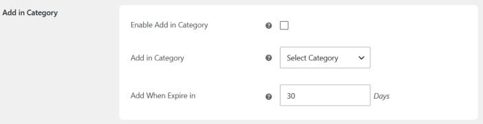 Category settings section in the settings tab.