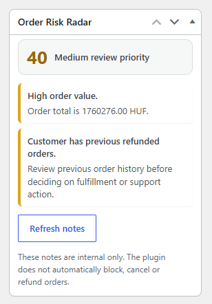 Order Risk Radar - Example risk score, showing also reasoning