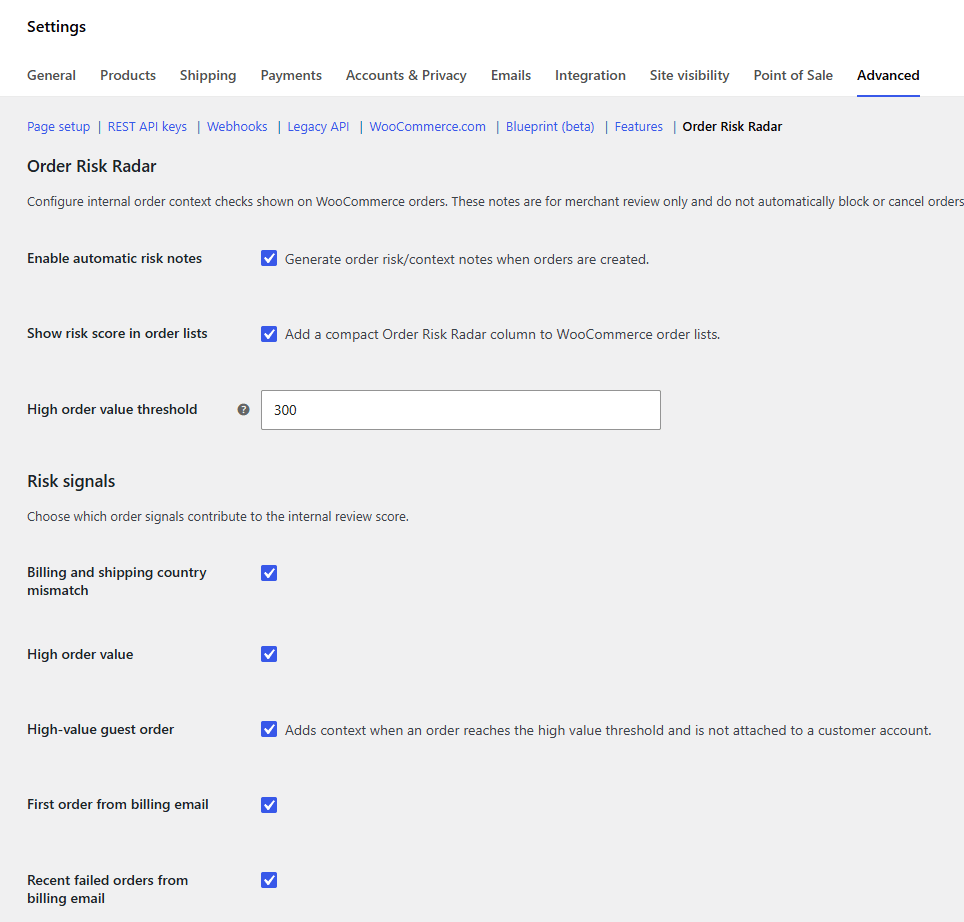 Order Risk Radar settings menu, in WooCommerce settings