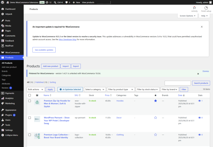 AI SEO optimizer bulk product screen in WooCommerce.