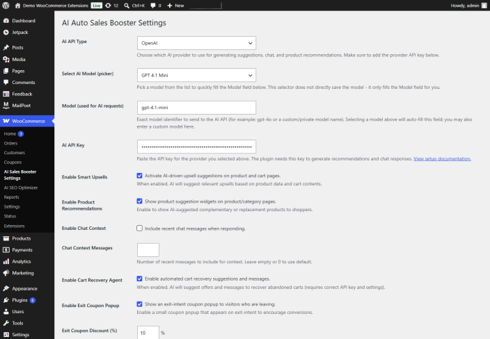 AI Auto Sales Booster settings screen in WooCommerce.