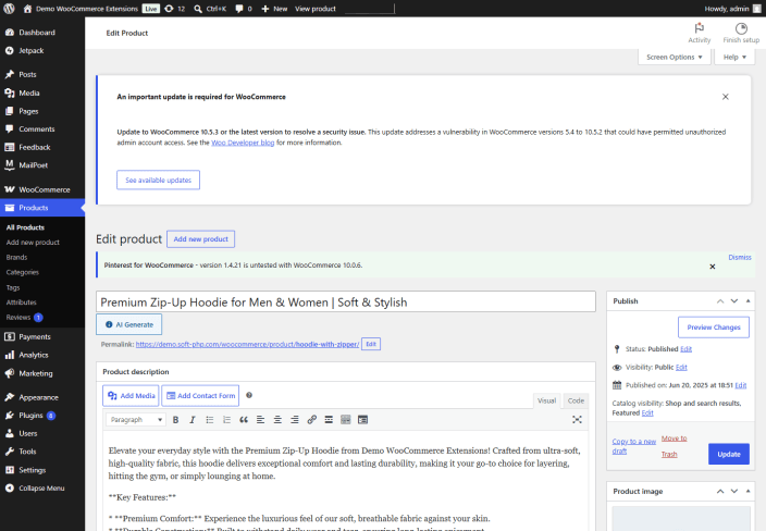 AI content generation button on a single WooCommerce product edit screen.