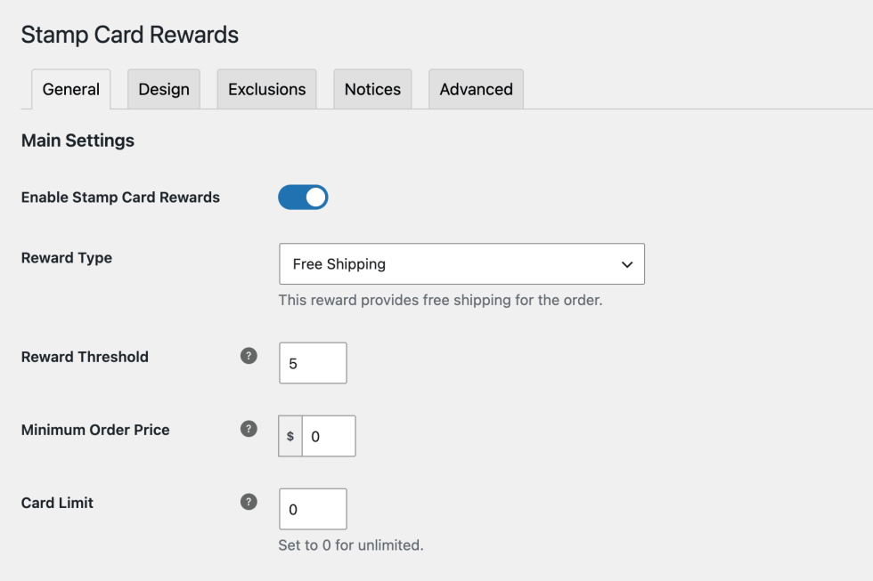 Main Settings for Stamp Card Rewards plugin, showing toggle to enable the plugin
