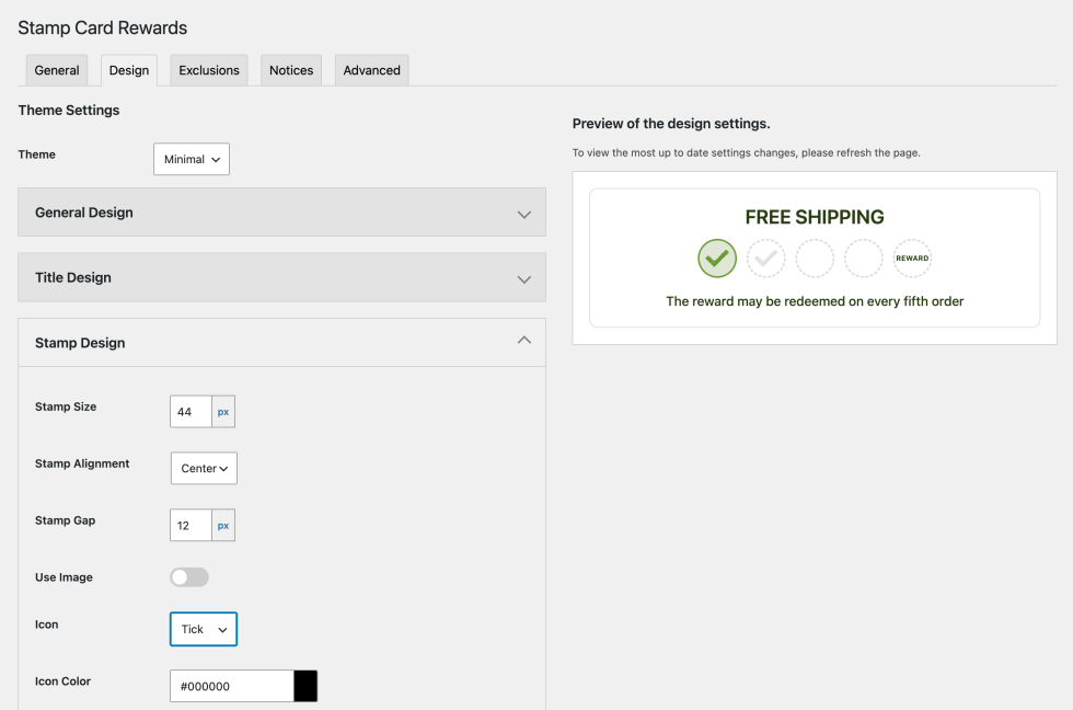 Admin via of design options for stamp card rewards