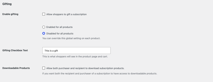 WooCommerce Subscriptions gifting settings