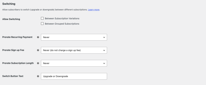 WooCommerce Subscriptions switch settings