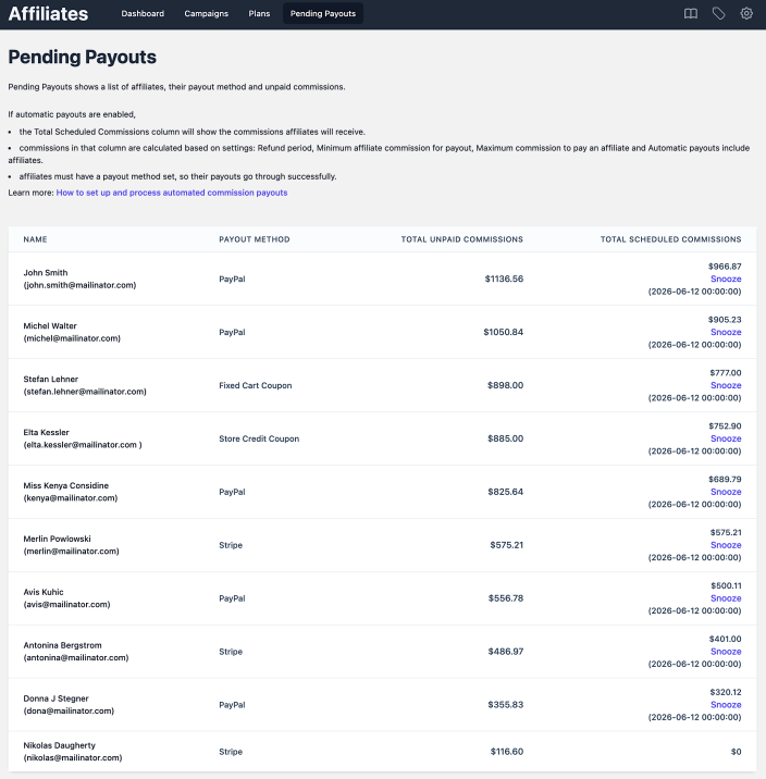 Affiliate Pending Payouts