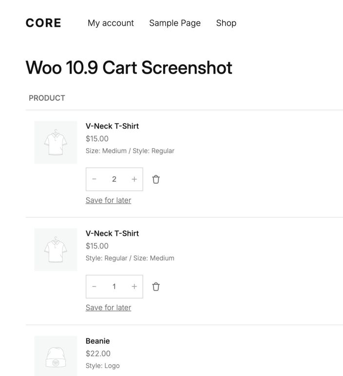 Cart page showing Save for later links on cart items.
