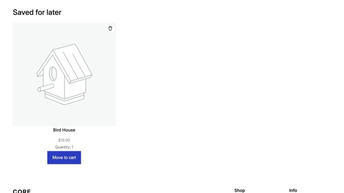 Cart page showing a Saved for Later list below the cart items.