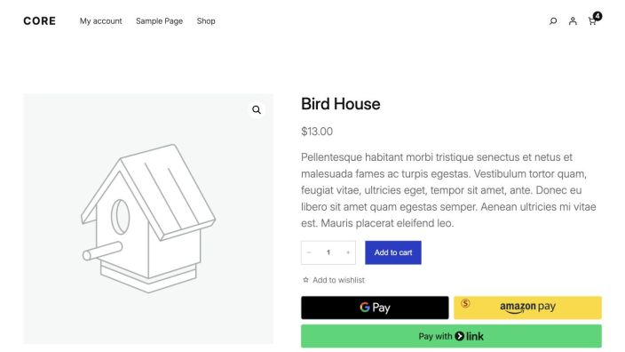 Add to Wishlist button shown on a single product page using the Add to Cart + Options block.