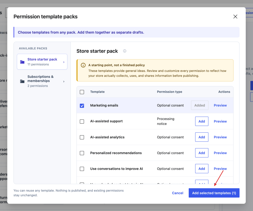 Permission templates selected in a pack with the Add selected templates action and selection count.