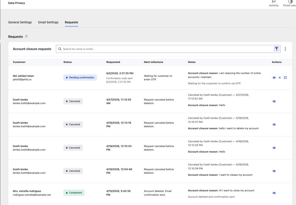 WooCommerce admin delete account requests table with customer, status, requested date, milestone, notes, and actions