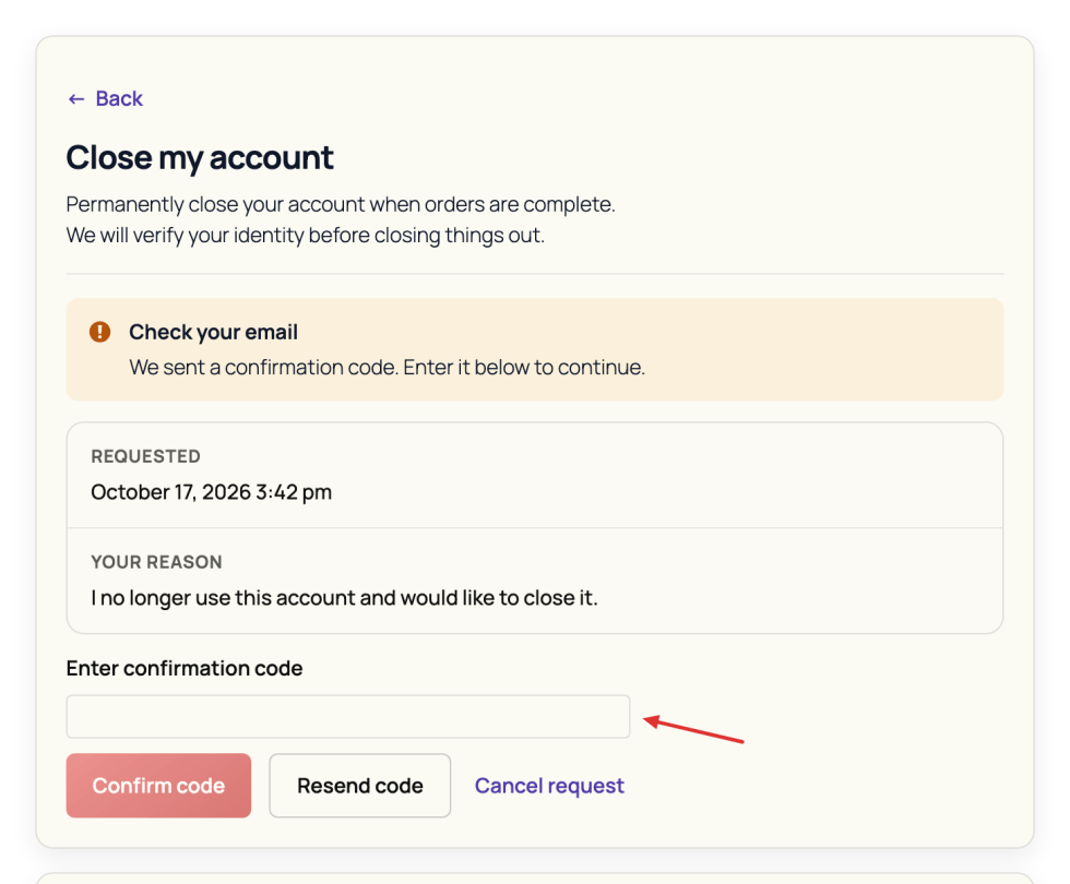 Account-closure code entry with Confirm code and Resend code controls.