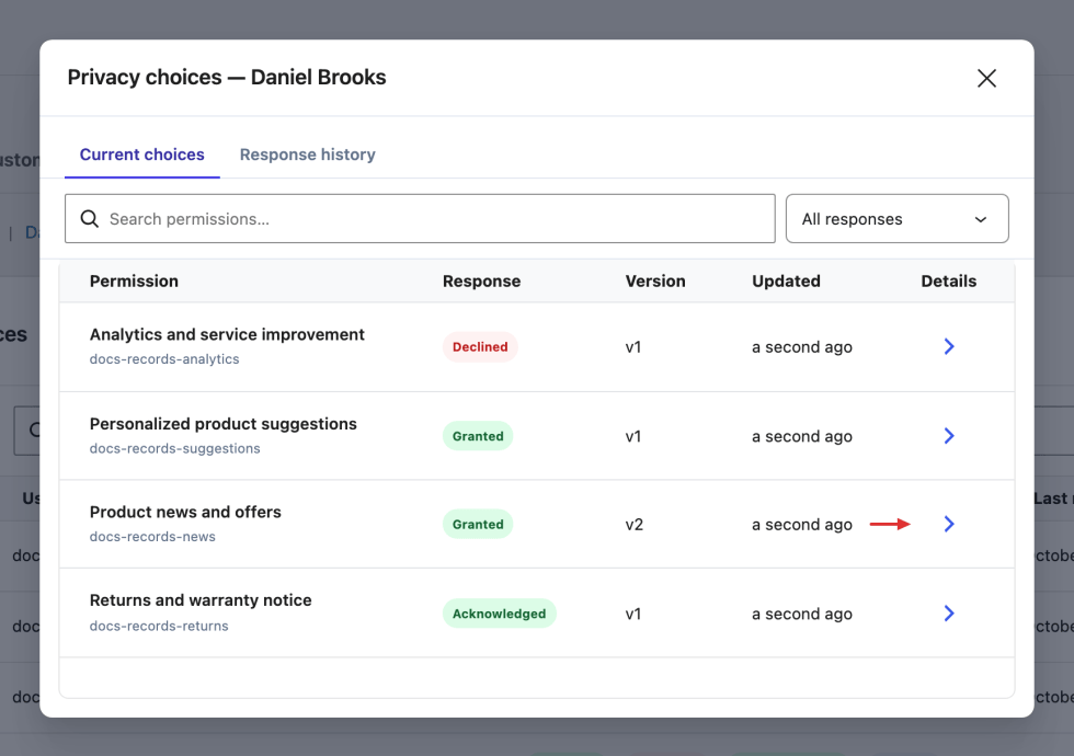 Customer choices detail showing Current choices and Response history views for recorded permissions.