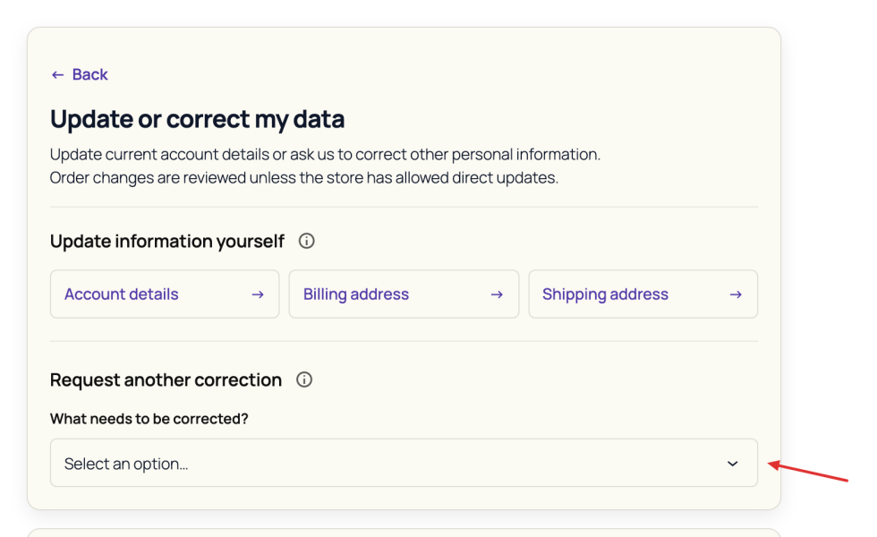 Customer correction section with direct update links, request options, and Correction history.