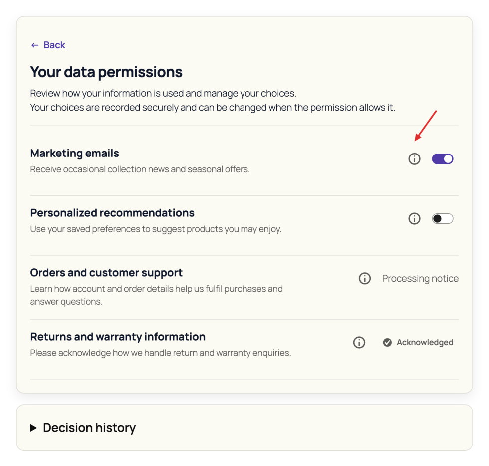 Customer Data permissions list with available permission responses and detail controls.