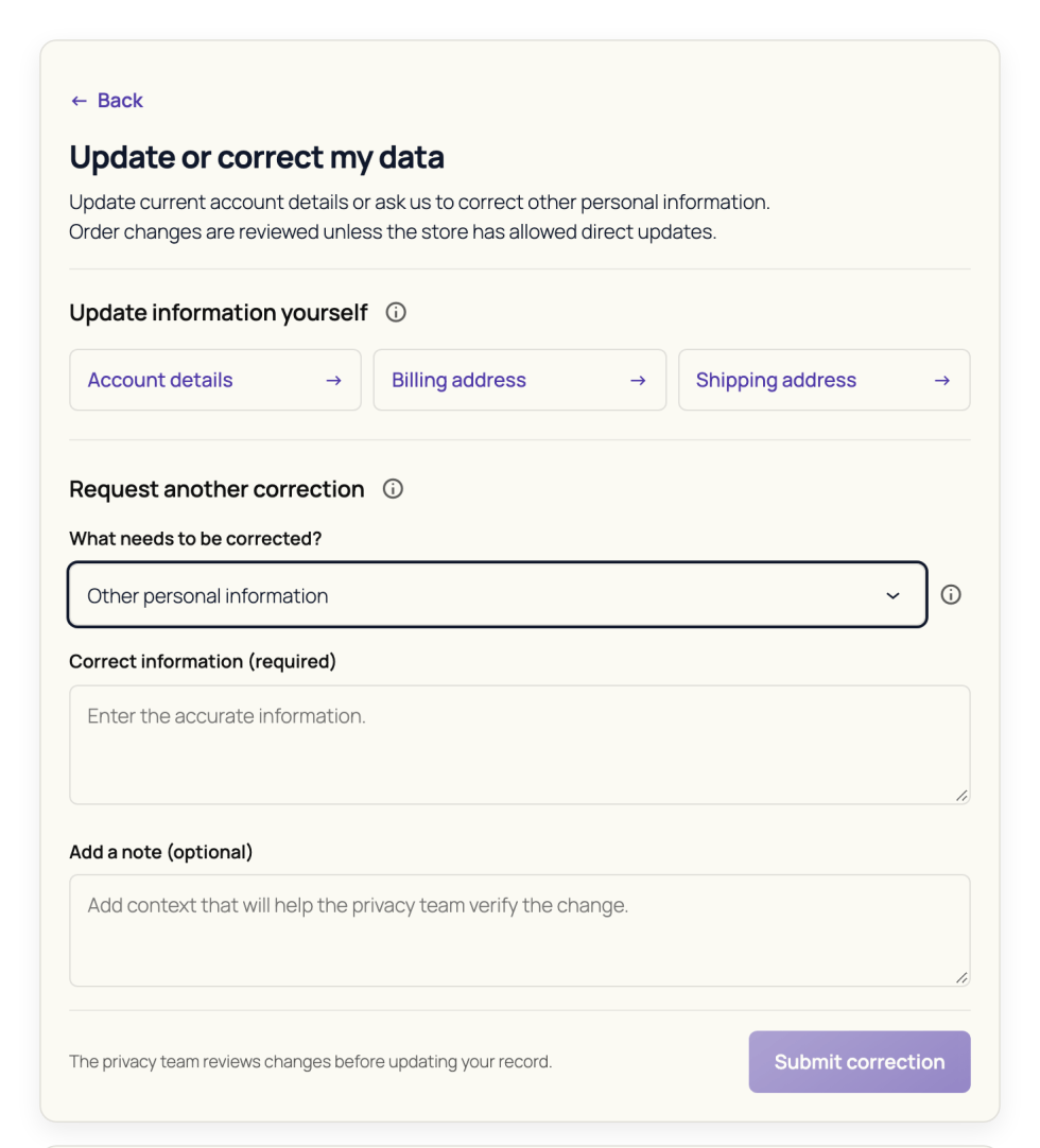 General correction form with a correction type and a description of the requested change.