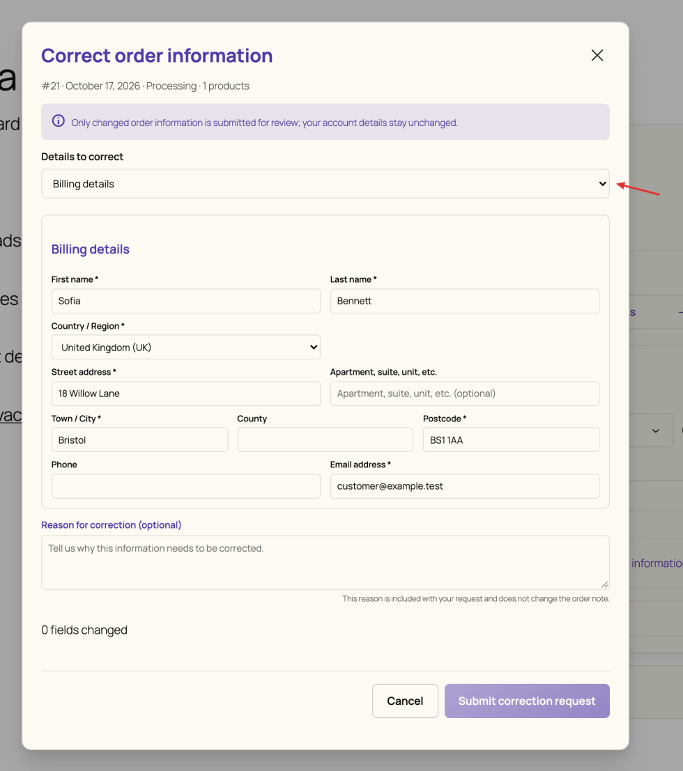 Order correction form showing the billing-details selection, address fields, and optional reason.