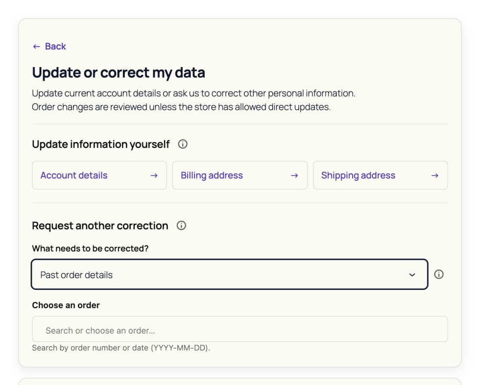 Order correction selection showing eligible orders associated with the customer’s account.