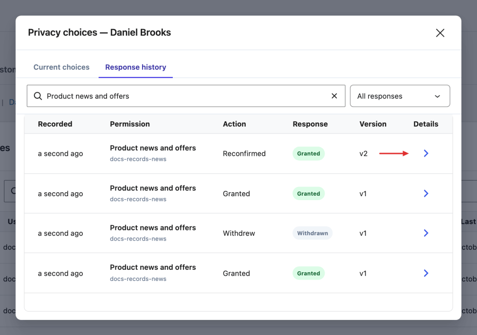 One customer's permission history showing actions, resulting responses, and versions, including a Granted v2 reconfirmation and a Withdrawn v1 response.