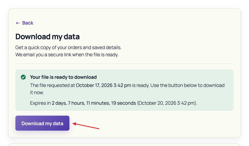 Completed personal data export with download controls and archive expiration information.