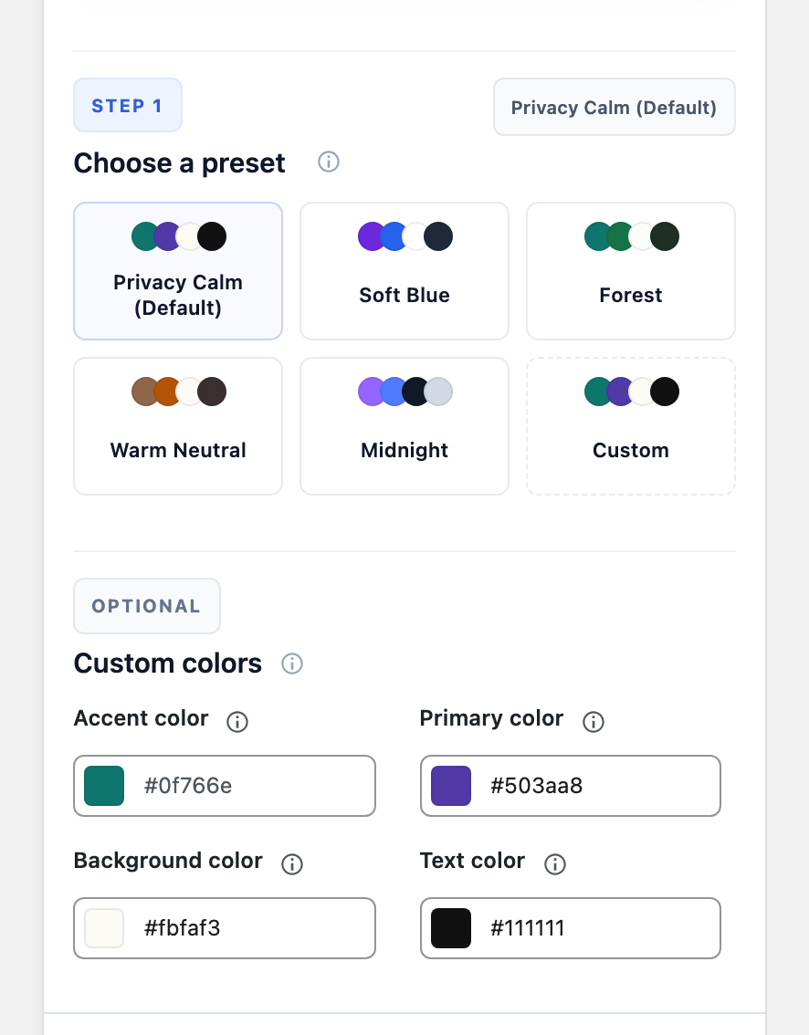 Frontend Style settings with a Theme preset and primary, accent, background, and text colors.