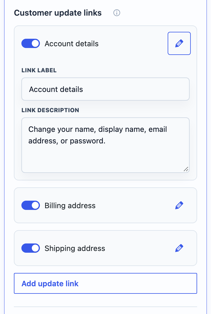 Expanded customer update link editor with Link label and Link description fields.