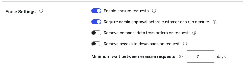 WooCommerce data erasure request settings with admin approval, order data, and download data options