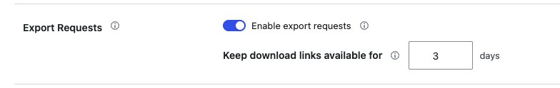 WooCommerce data export request settings with export toggle and download link retention days
