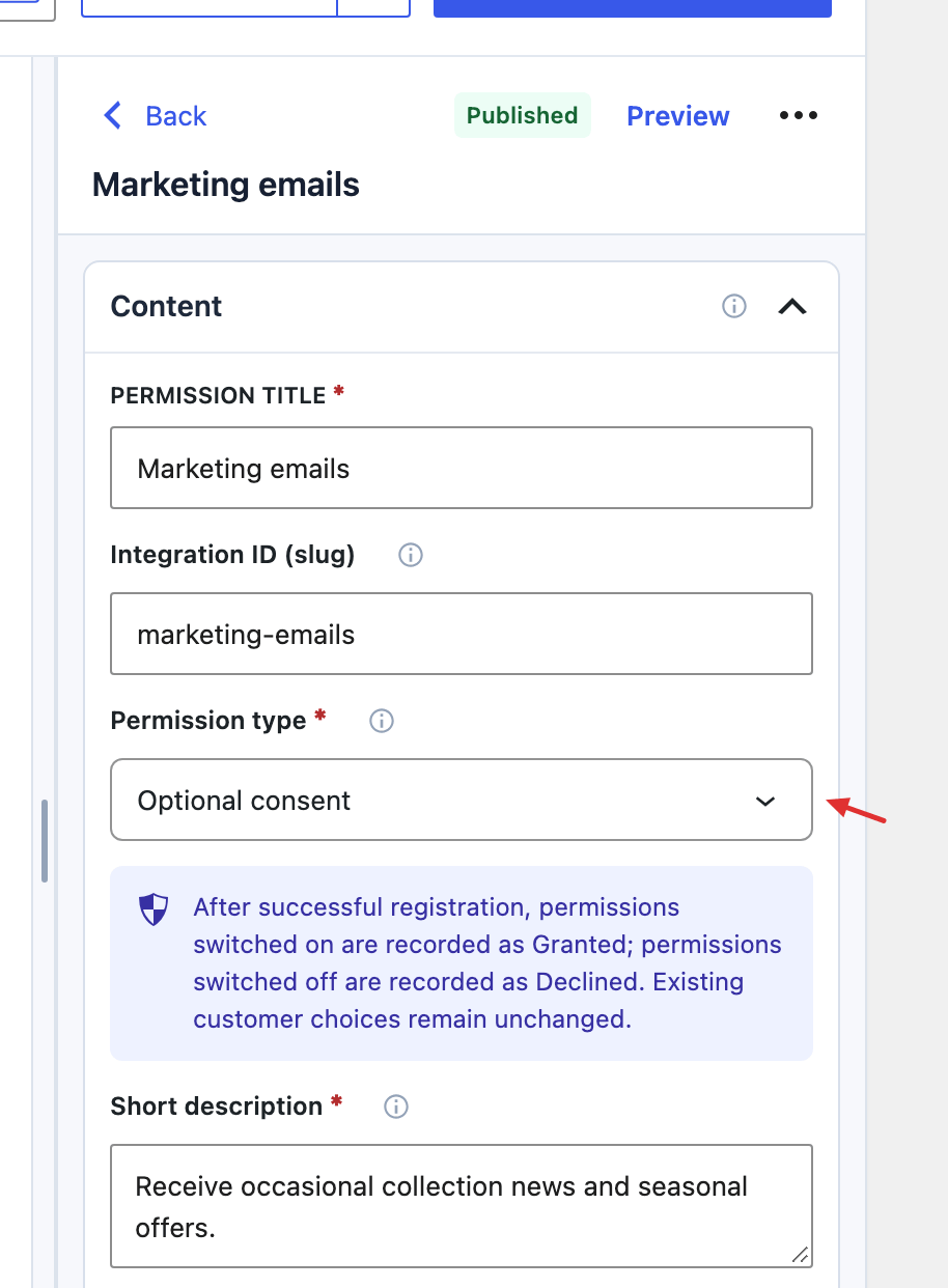 Published permission editor showing the title, integration ID, Optional consent type, and short description.