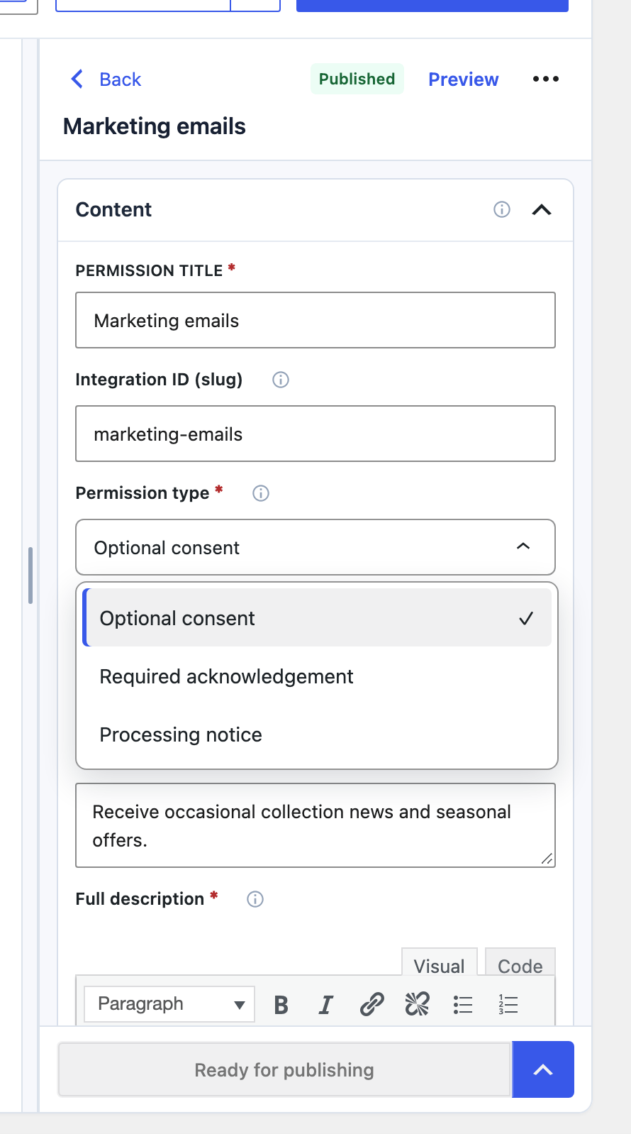 Permission type menu with Optional consent, Required acknowledgement, and Processing notice.