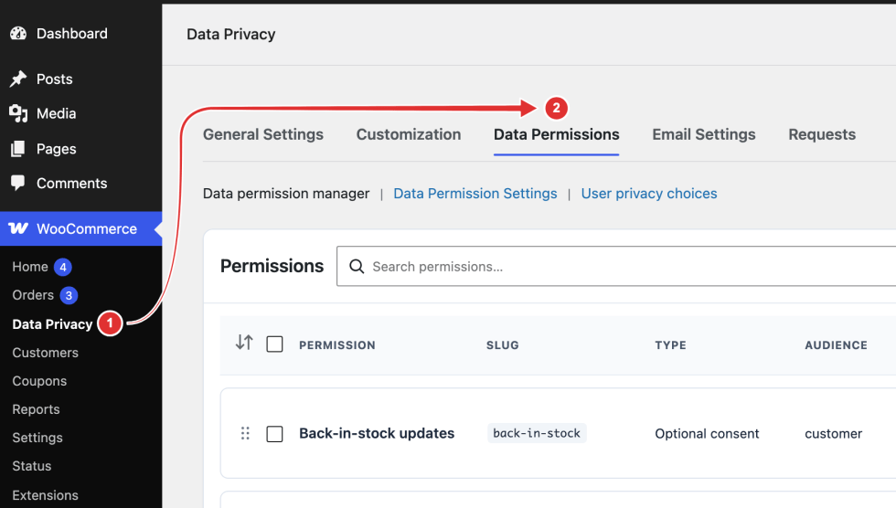 WooCommerce Data Privacy navigation pointing to the Data Permissions tab.