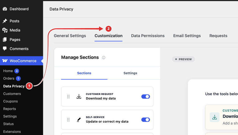 WooCommerce sidebar and Data Privacy workspace with the Data Privacy menu item and Customization tab marked.