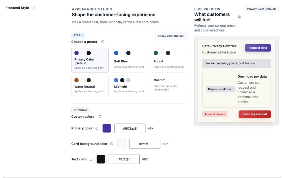 WooCommerce Data Privacy frontend style settings with appearance presets and live preview