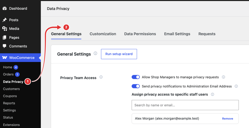 WooCommerce sidebar and Data Privacy workspace with the Data Privacy menu item and General Settings tab marked.