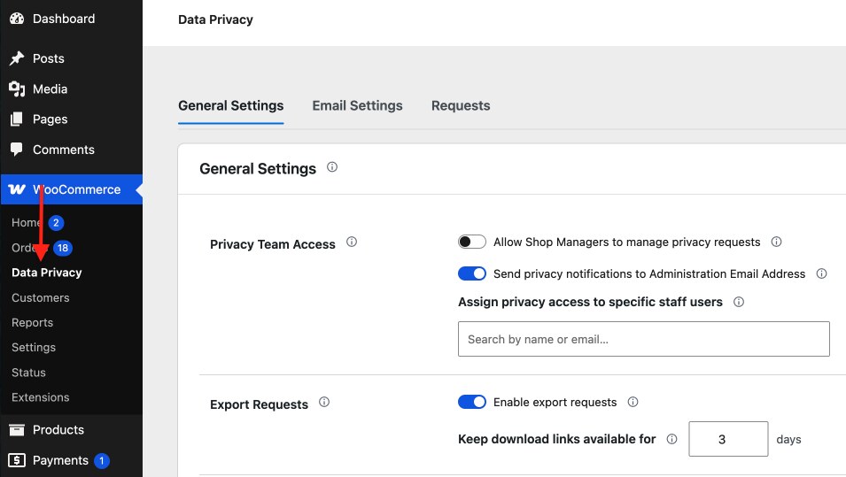 WooCommerce Data Privacy settings page with General Settings, Email Settings, and Requests tabs