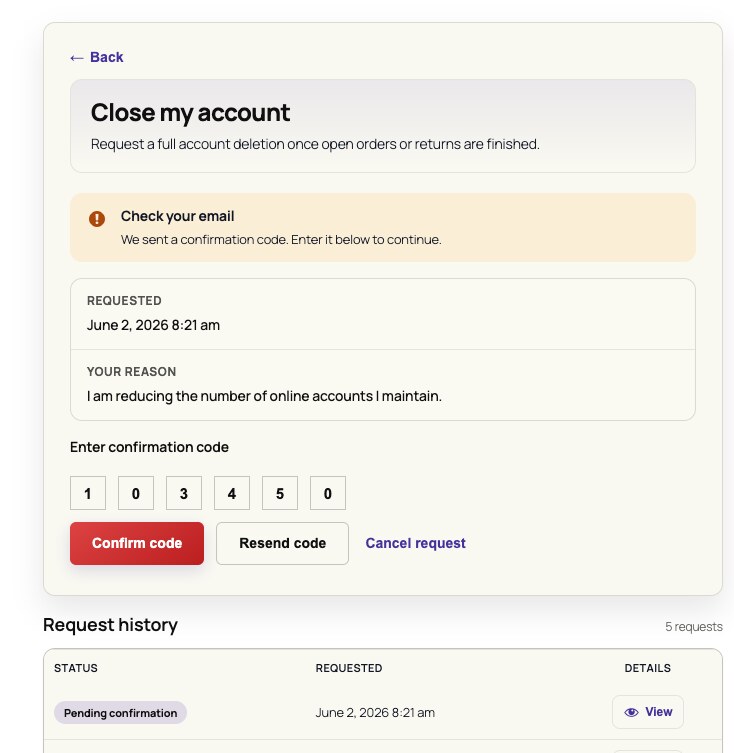 WooCommerce delete account screen with OTP confirmation code entered