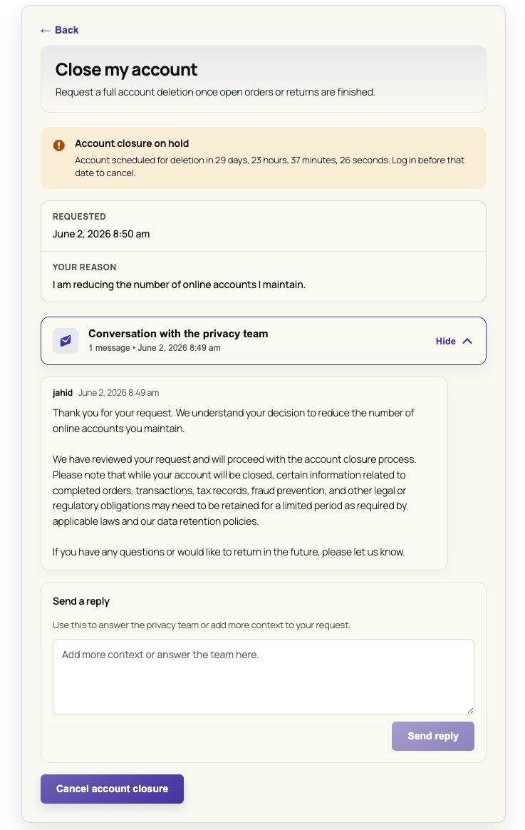 WooCommerce delete account hold screen with privacy team conversation and customer reply form