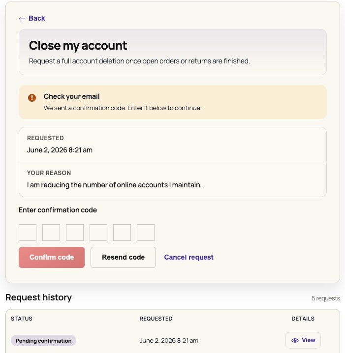 WooCommerce delete account OTP confirmation form with resend and cancel request options