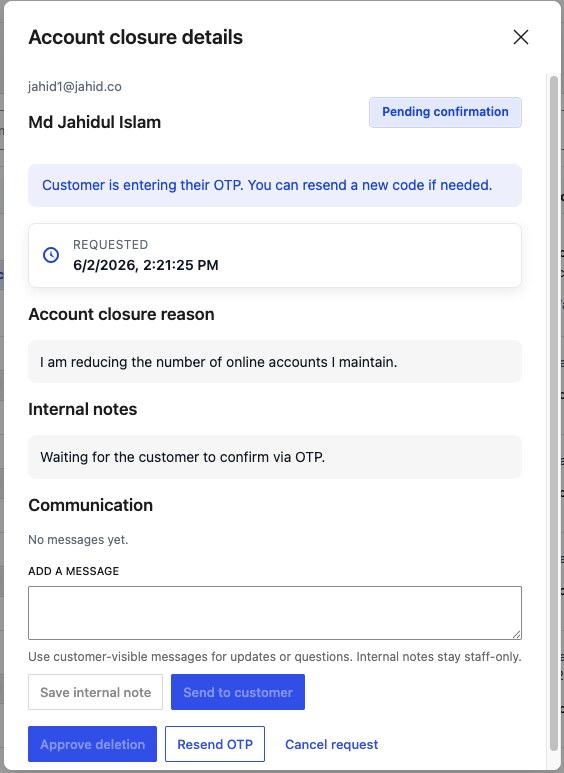 WooCommerce delete account request details drawer with status, account closure reason, internal notes, communication, and admin actions