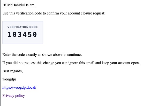 WooCommerce delete account verification email with one-time confirmation code