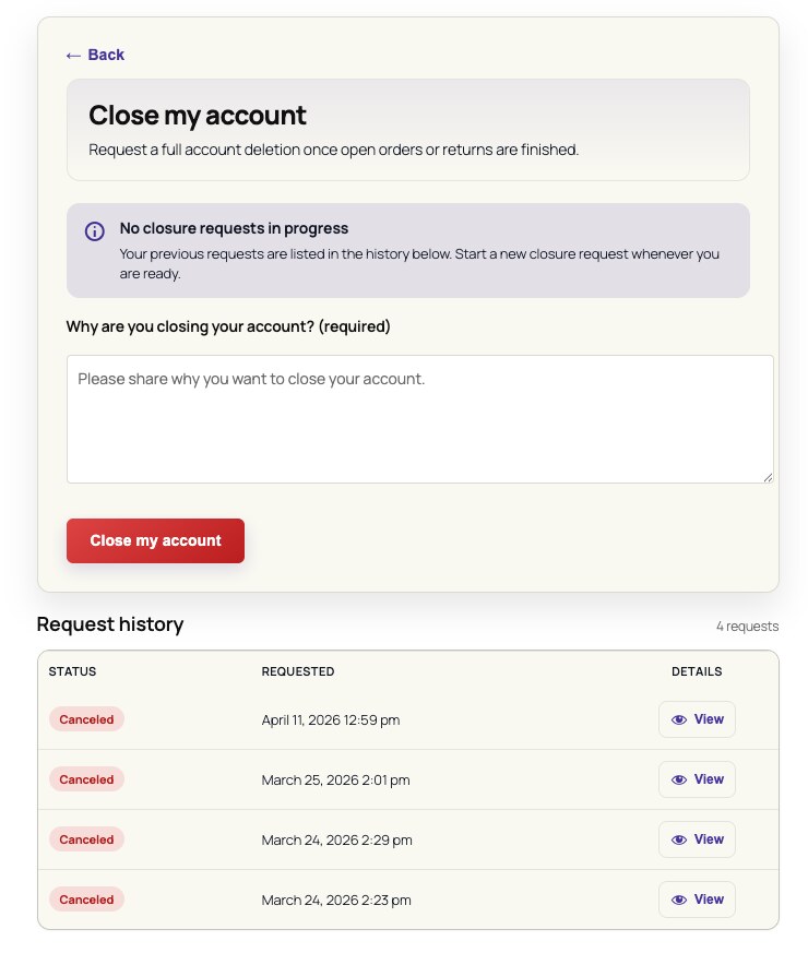 WooCommerce delete account screen with account deletion request details and customer action