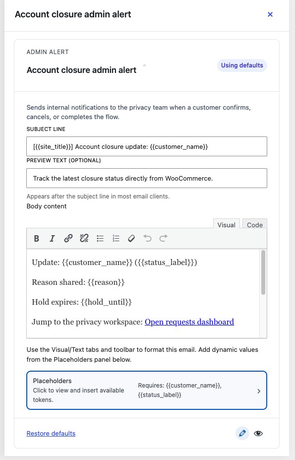 WooCommerce delete account admin alert email editor with subject, preview text, body content, and placeholders
